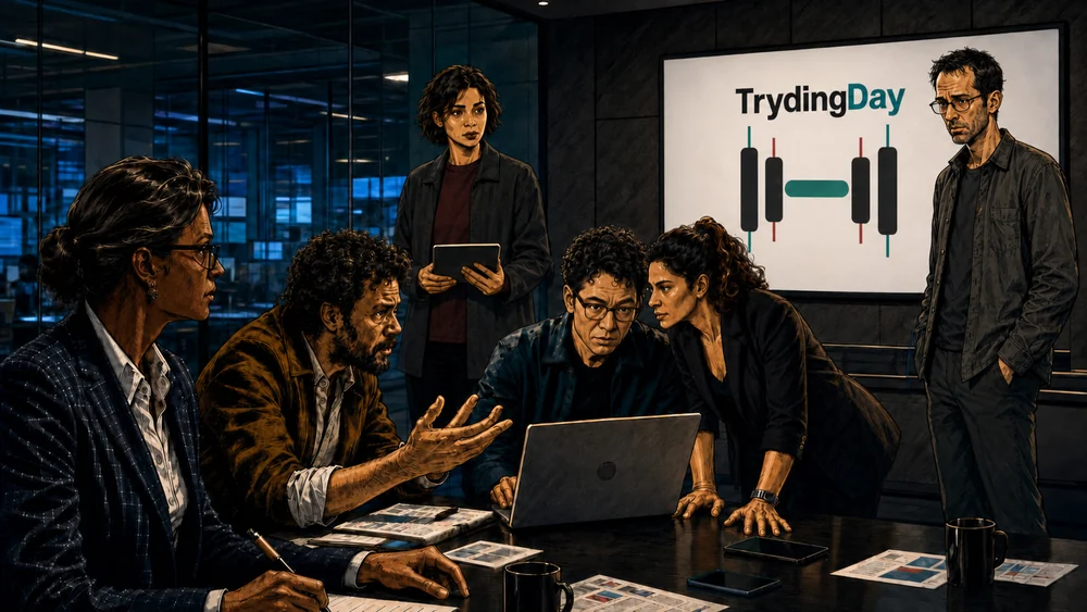 The five TrydingDay experts and desk narrator reviewing market evidence around a table.