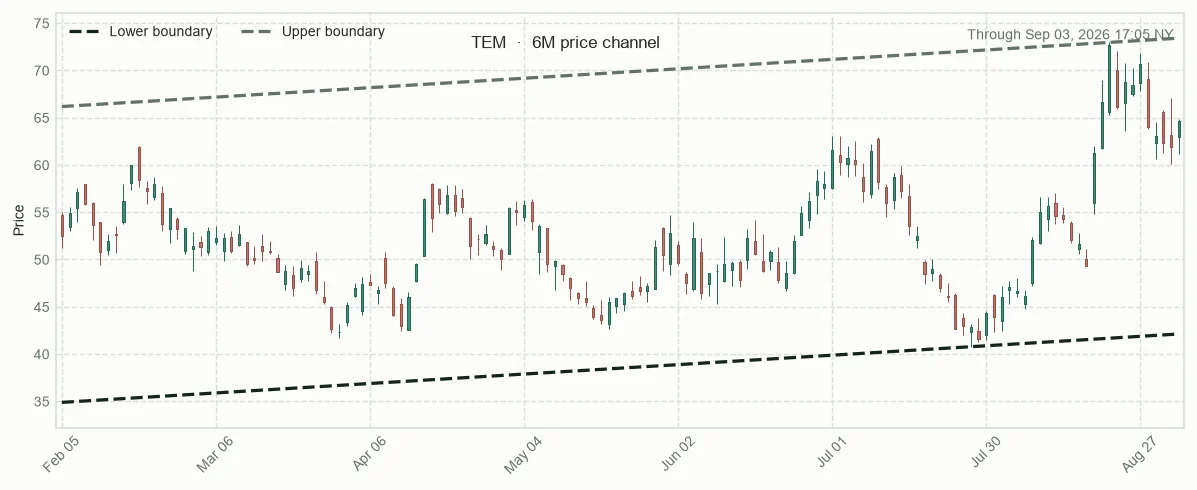 TEM six-month price channel and 20-session relative performance versus sector
